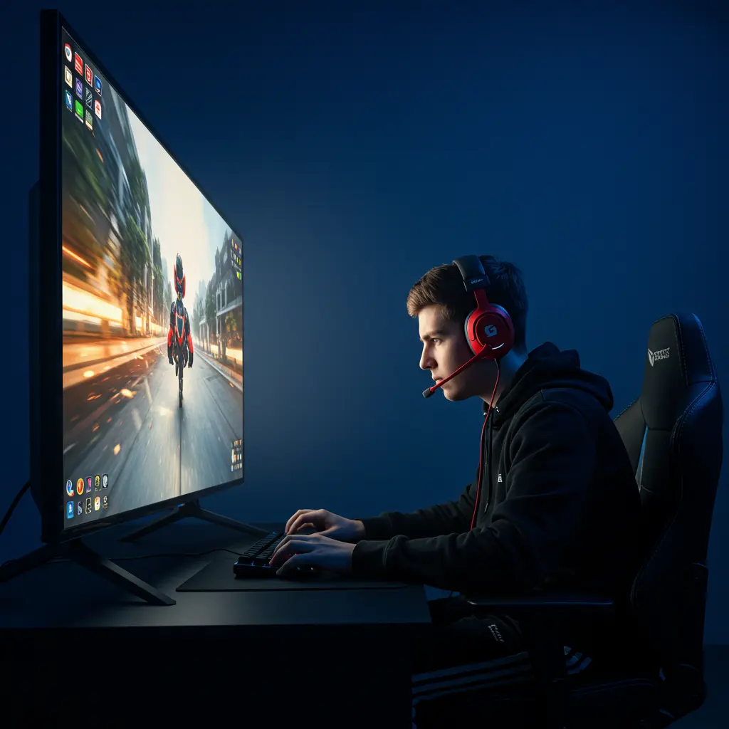um gamer concentrado, jogando em uma TV Gamer de tela grande com setup iluminado em 2025