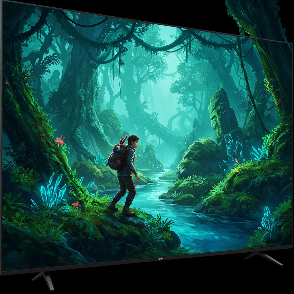 um jogo de aventura em uma TV com HDR, exibindo cores vibrantes, alto contraste e detalhes em áreas claras e escuras